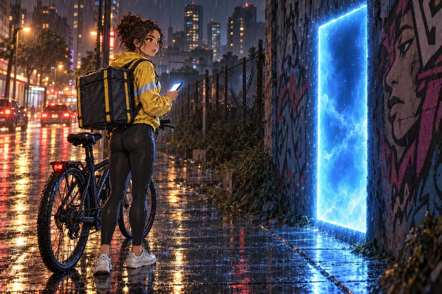 Bia, encharcada de chuva, parada ao lado da bicicleta olhando um portal de luz azul aberto num muro pichado de São Paulo