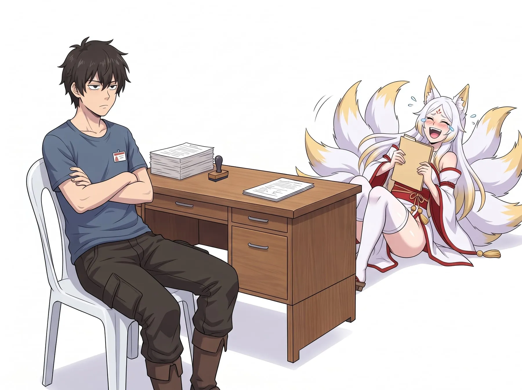 Takumi de uniforme de loja de conveniência diante de uma mesa de escritório flutuando no vazio branco, enquanto a deusa kitsune Kohaku se dobra de rir segurando a ficha dele