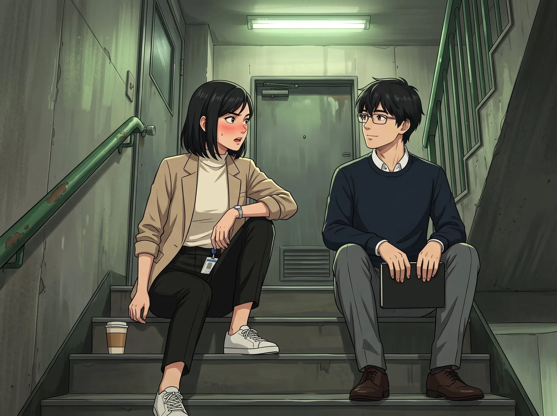 Aoi e Haruto sentados nos degraus da escada de incêndio sob uma lâmpada fluorescente, ela corada e virada para ele, ele calmo com um caderno preto no colo