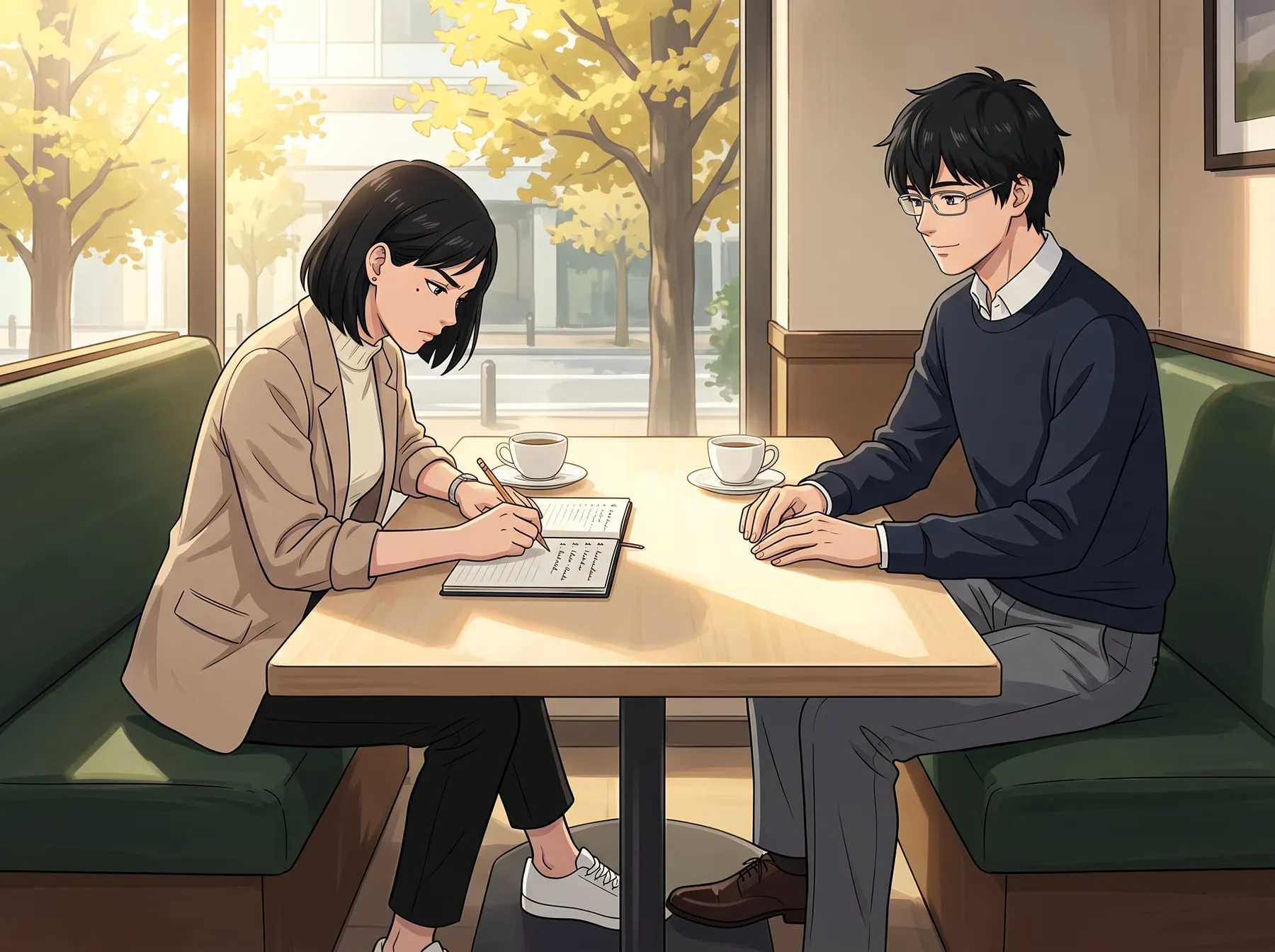 Aoi e Haruto numa mesa de café com um caderno preto aberto entre os dois, ela escrevendo a lápis e ele observando