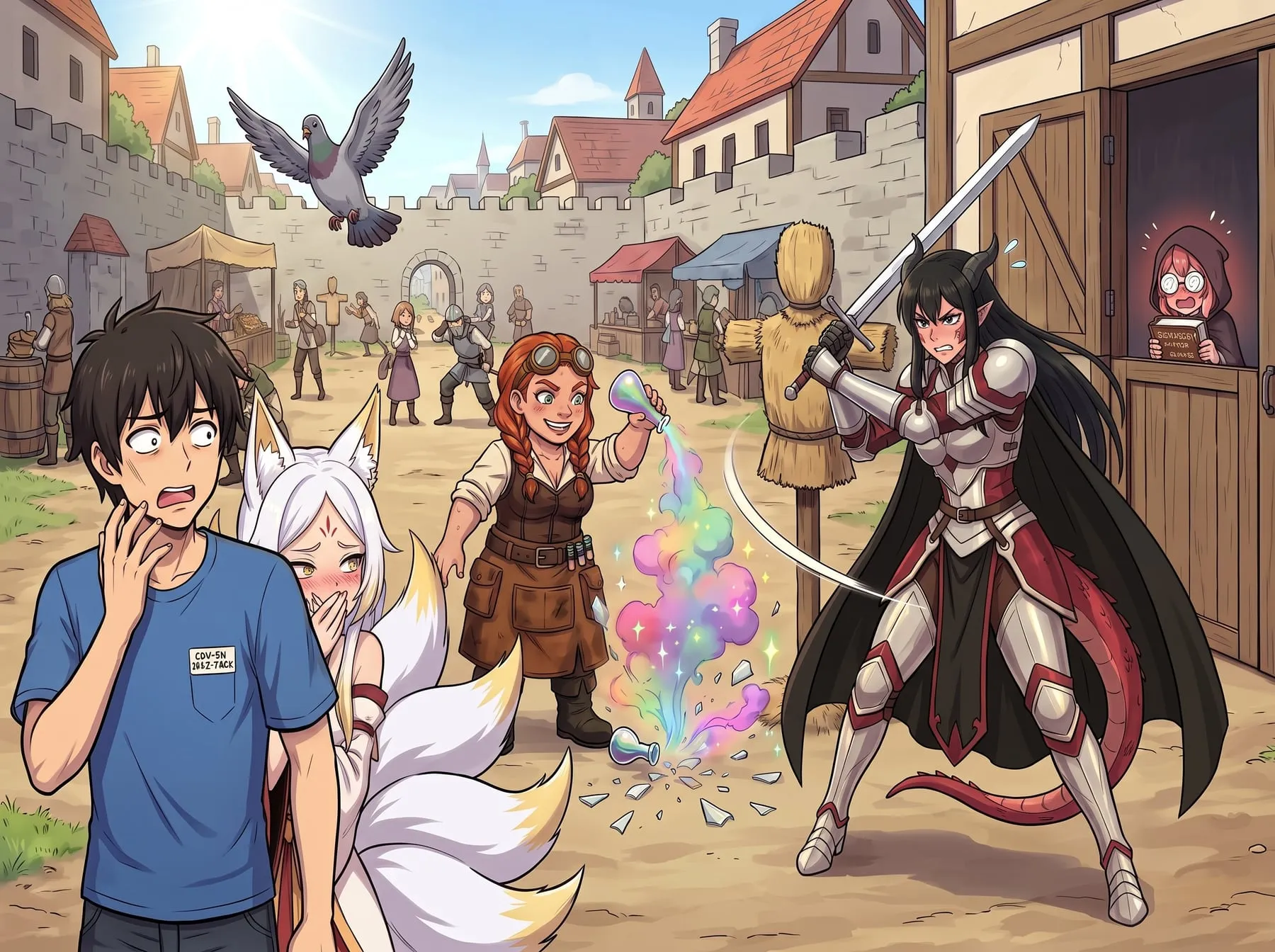 No pátio da Guilda, uma explosão de fumaça colorida sai da poção da anã Dagny, a cavaleira dracônica Seraphine erra um boneco de treino e a súcubo Lilith espia escondida atrás da capa, enquanto Takumi e Kohaku assistem horrorizados