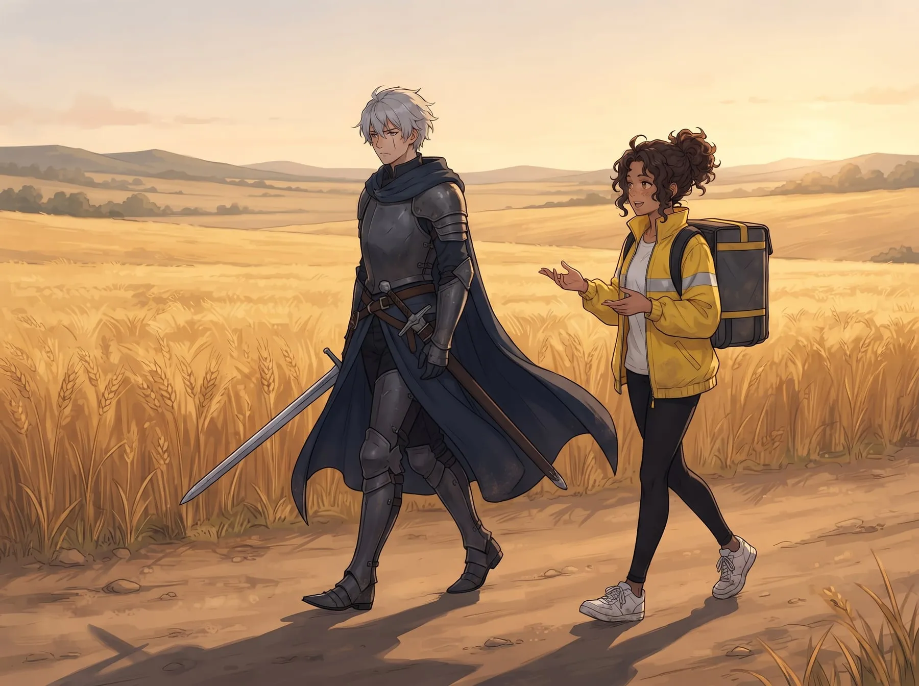 Bia e um cavaleiro de cabelo prateado caminhando por uma estrada de terra ao entardecer
