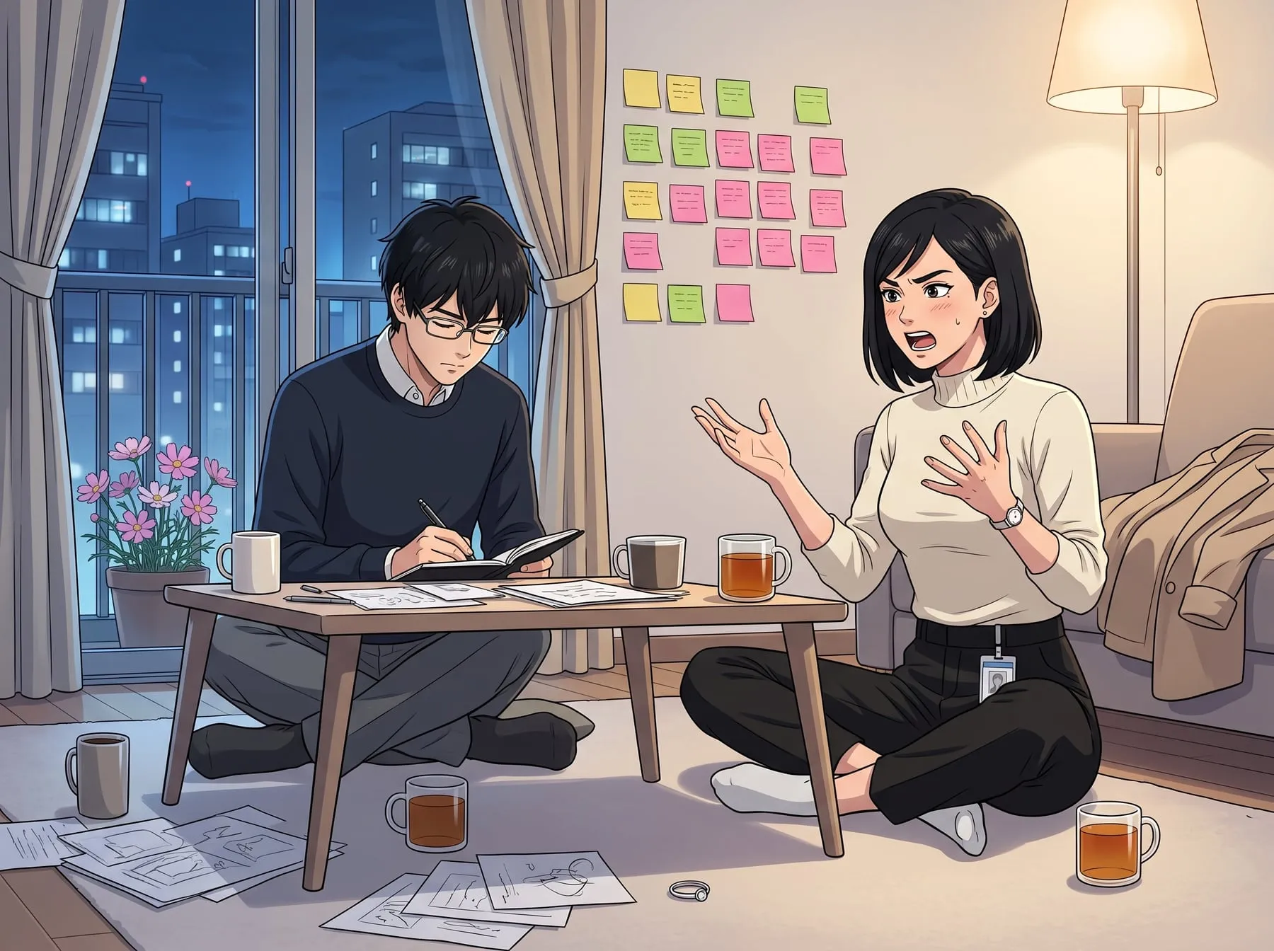 Aoi gesticulando sentada no chão do apartamento enquanto Haruto anota num caderno, com um mural de post-its coloridos na parede e a cidade à noite pela janela