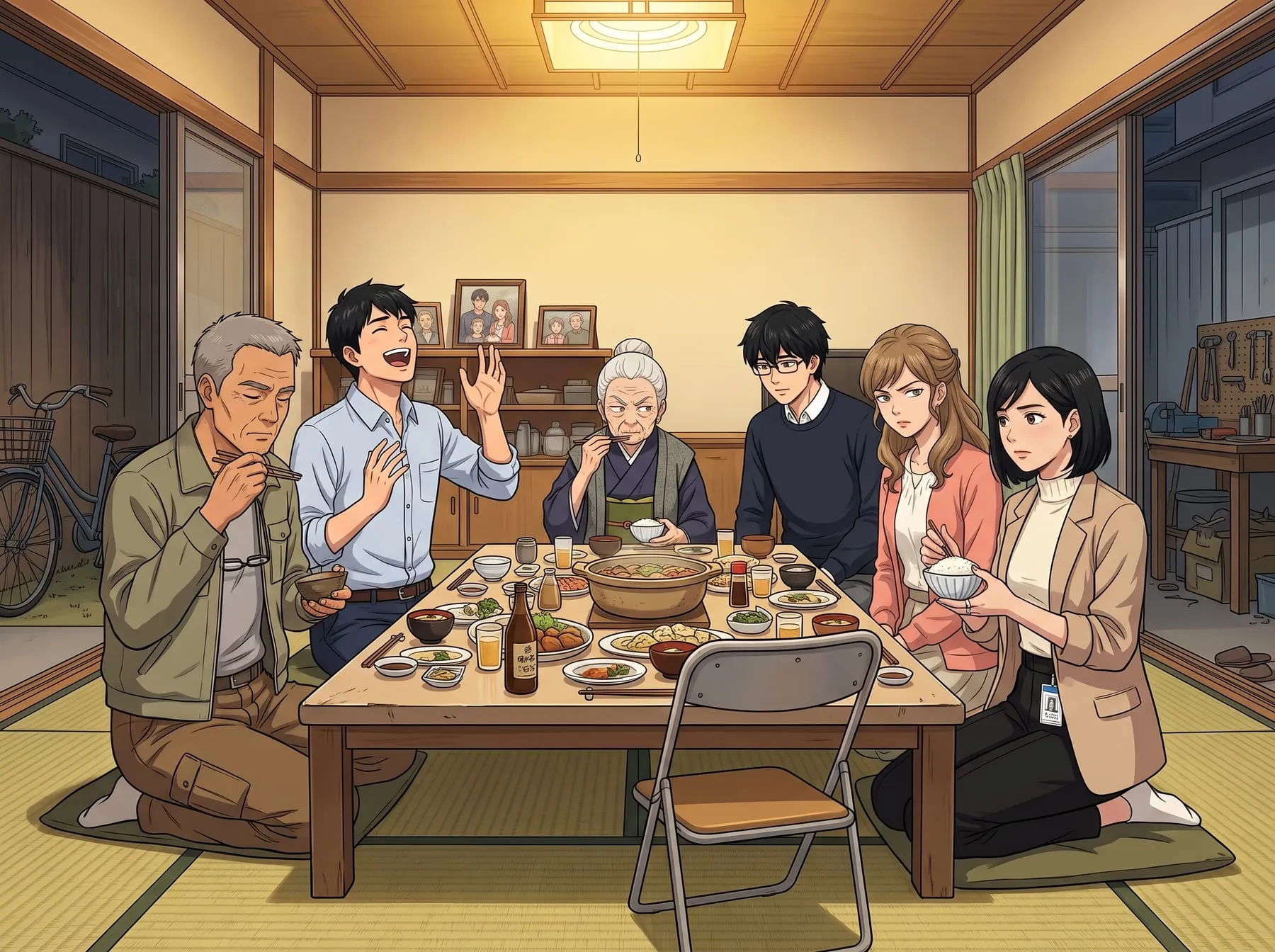 O jantar da família Minase na sala de tatame, com a avó Tsuru no centro da mesa, Haruto ao lado dela, Sōta rindo alto, Mei desconfiada e Aoi na ponta segurando a tigela de arroz