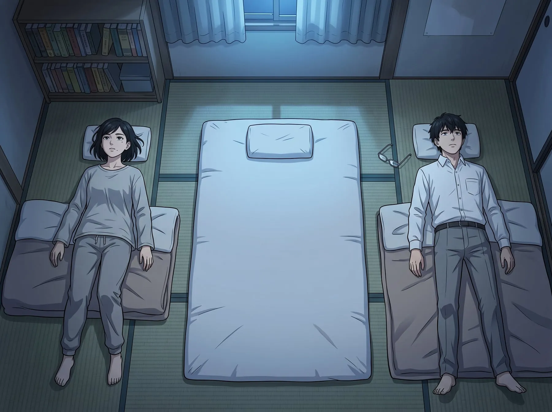 Vista de cima do quarto de infância de Aoi à noite, ela e Haruto deitados no chão em lados opostos, olhando para o teto, com o futon novo vazio entre os dois