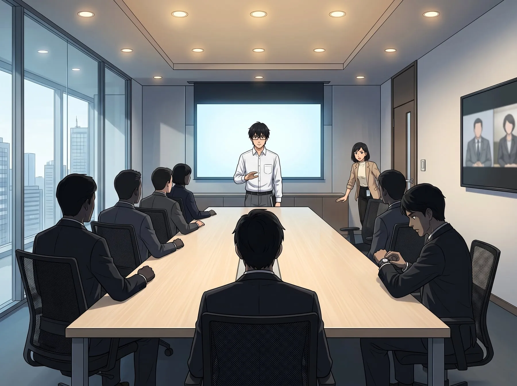 Haruto de camisa branca diante do telão da sala de reunião envidraçada, com a diretoria em volta da mesa, e Aoi ao fundo perto da porta, a ponto de intervir