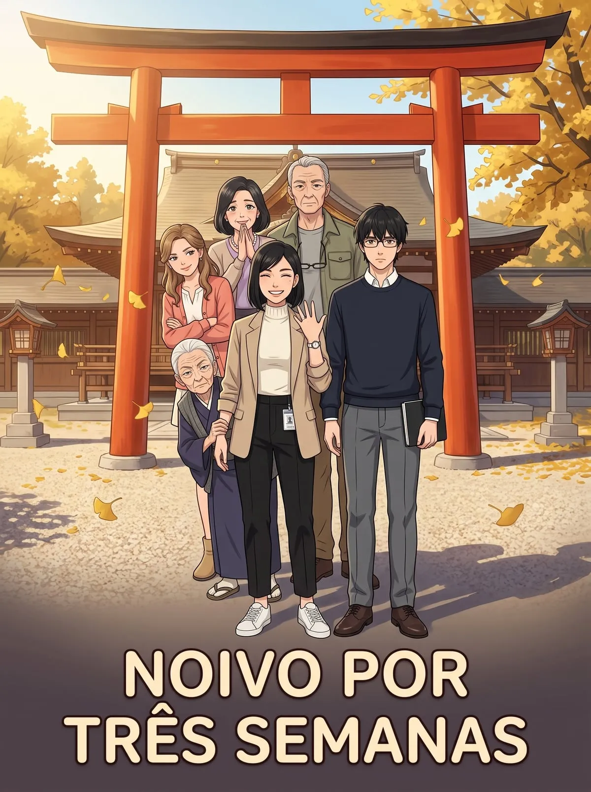Aoi e Haruto posando sem jeito para uma foto de casal diante do torii vermelho do santuário, com a família espiando atrás