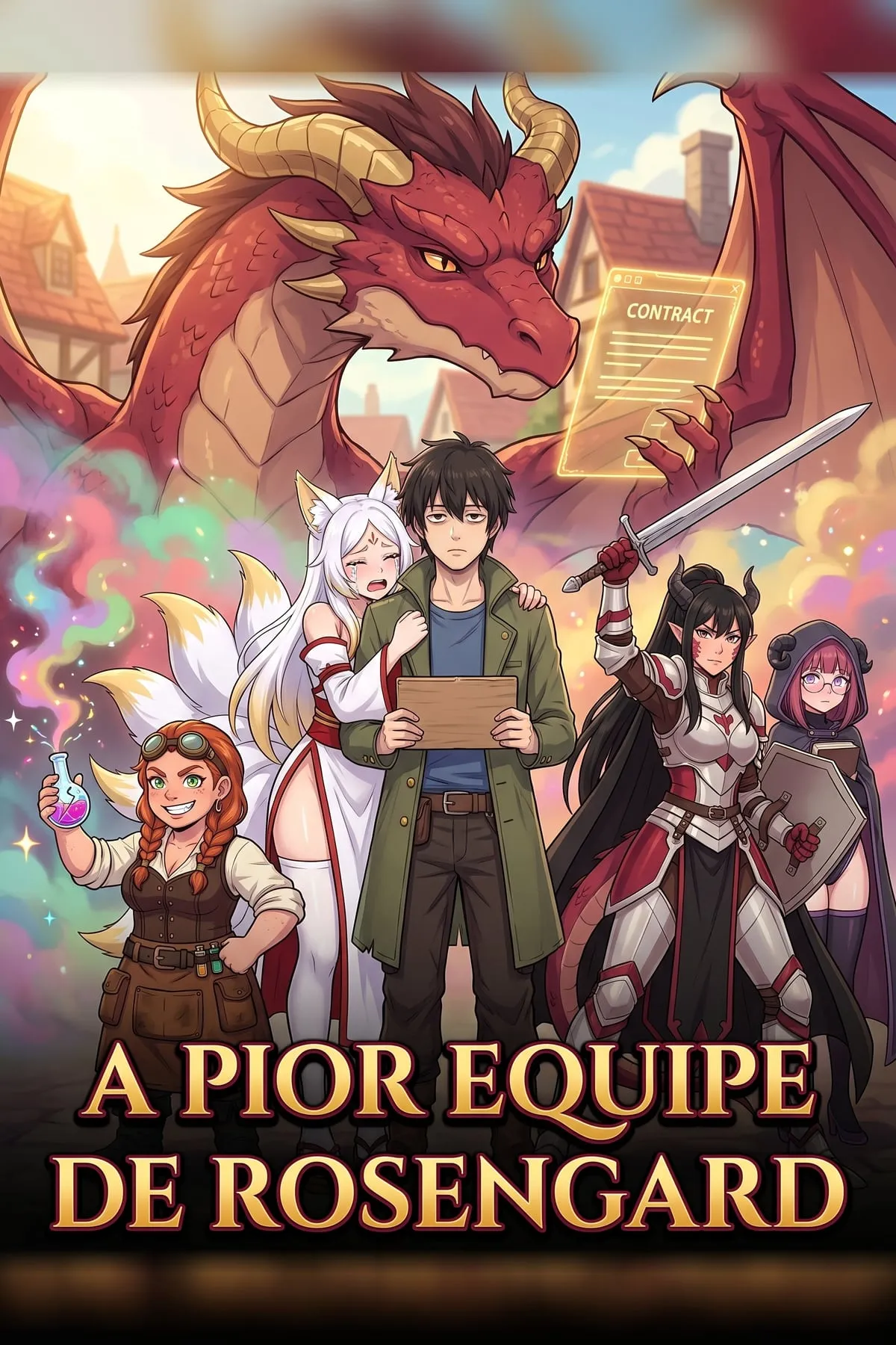 Takumi desanimado segurando uma placa de madeira em branco, com a deusa kitsune Kohaku chorando no ombro dele, a anã Dagny erguendo uma poção, a cavaleira Seraphine de espada no alto, a súcubo Lilith espiando de capuz e o dragão Garmorth segurando um contrato ao fundo