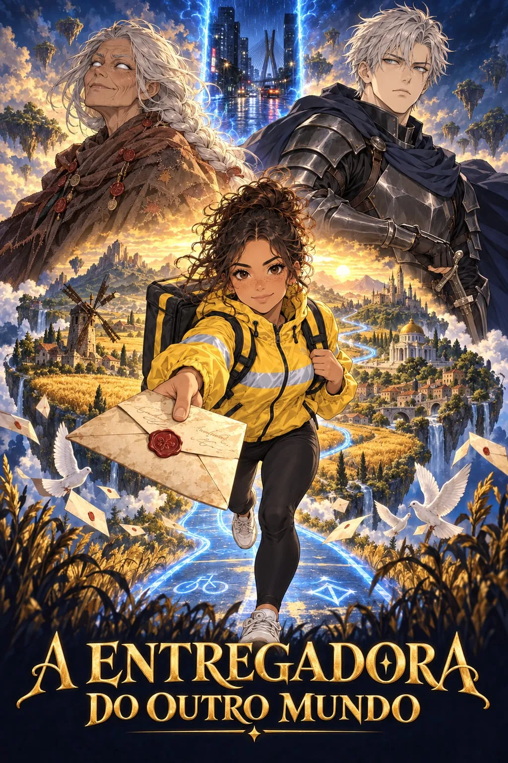 Bia correndo com uma carta de lacre vermelho, com Kael e Mestra Odila atrás dela e um portal azul no céu sobre o reino de Valdoria