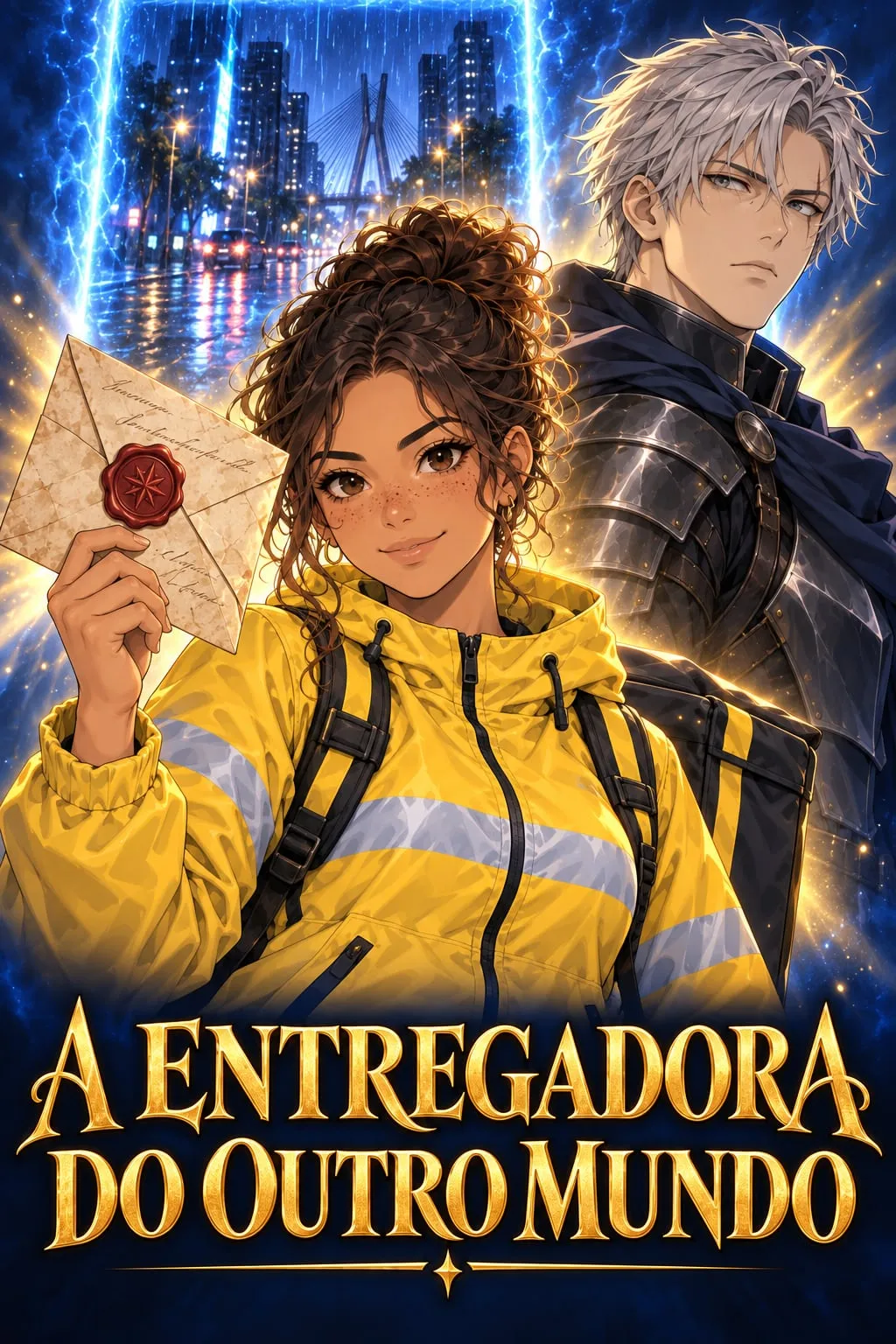 Bia correndo com uma carta de lacre vermelho, com Kael e Mestra Odila atrás dela e um portal azul no céu sobre o reino de Valdoria