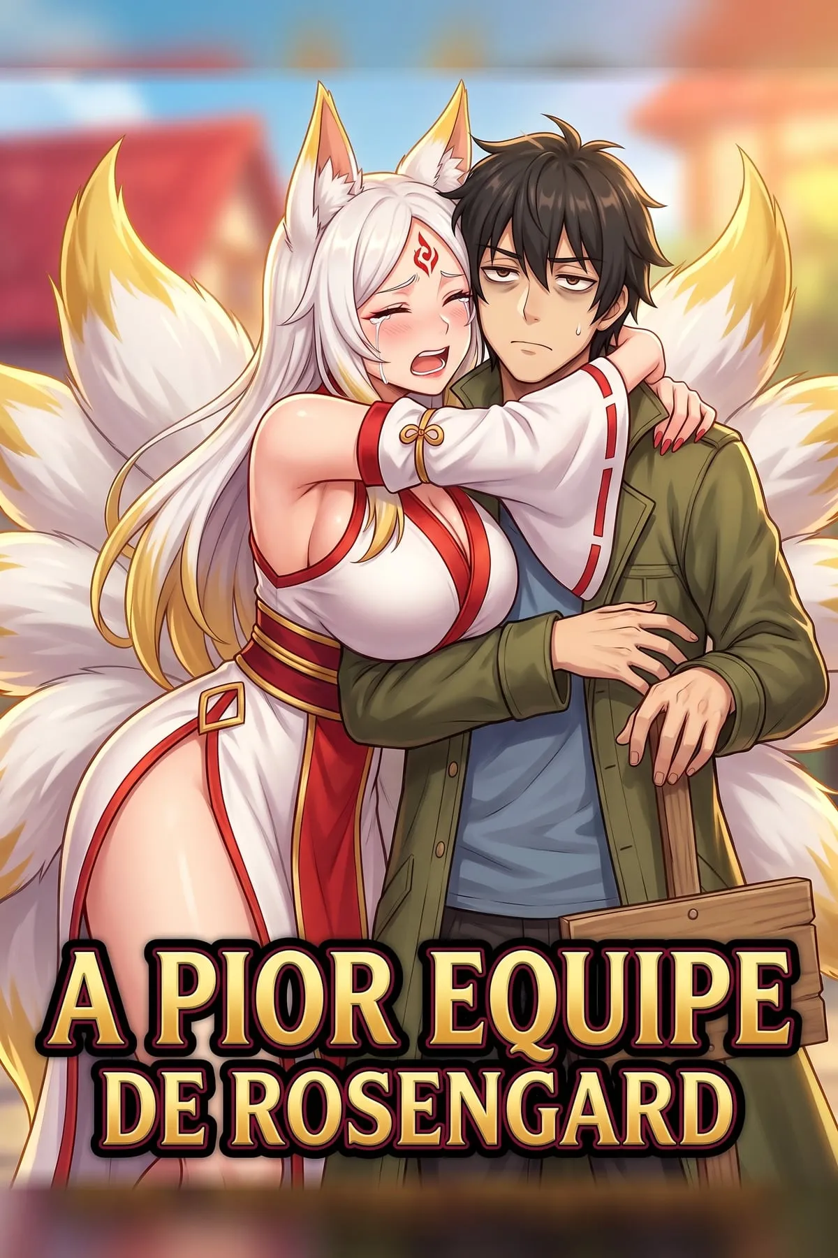 Takumi desanimado segurando uma placa de madeira em branco, com a deusa kitsune Kohaku chorando no ombro dele, a anã Dagny erguendo uma poção, a cavaleira Seraphine de espada no alto, a súcubo Lilith espiando de capuz e o dragão Garmorth segurando um contrato ao fundo