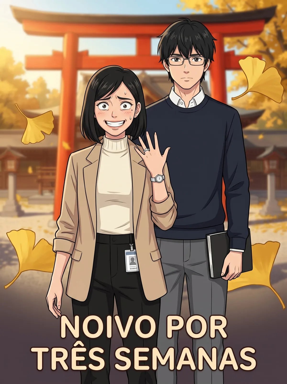 Aoi e Haruto posando sem jeito para uma foto de casal diante do torii vermelho do santuário, com a família espiando atrás